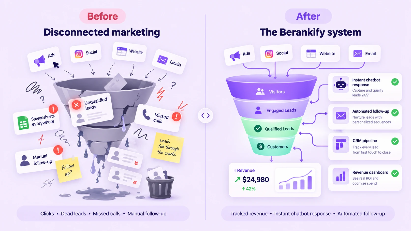 Before and after comparison: disconnected ads, social, website, and email lose leads through a leaky funnel; the Berankify system connects those channels with chat, follow-up, CRM, and revenue tracking.