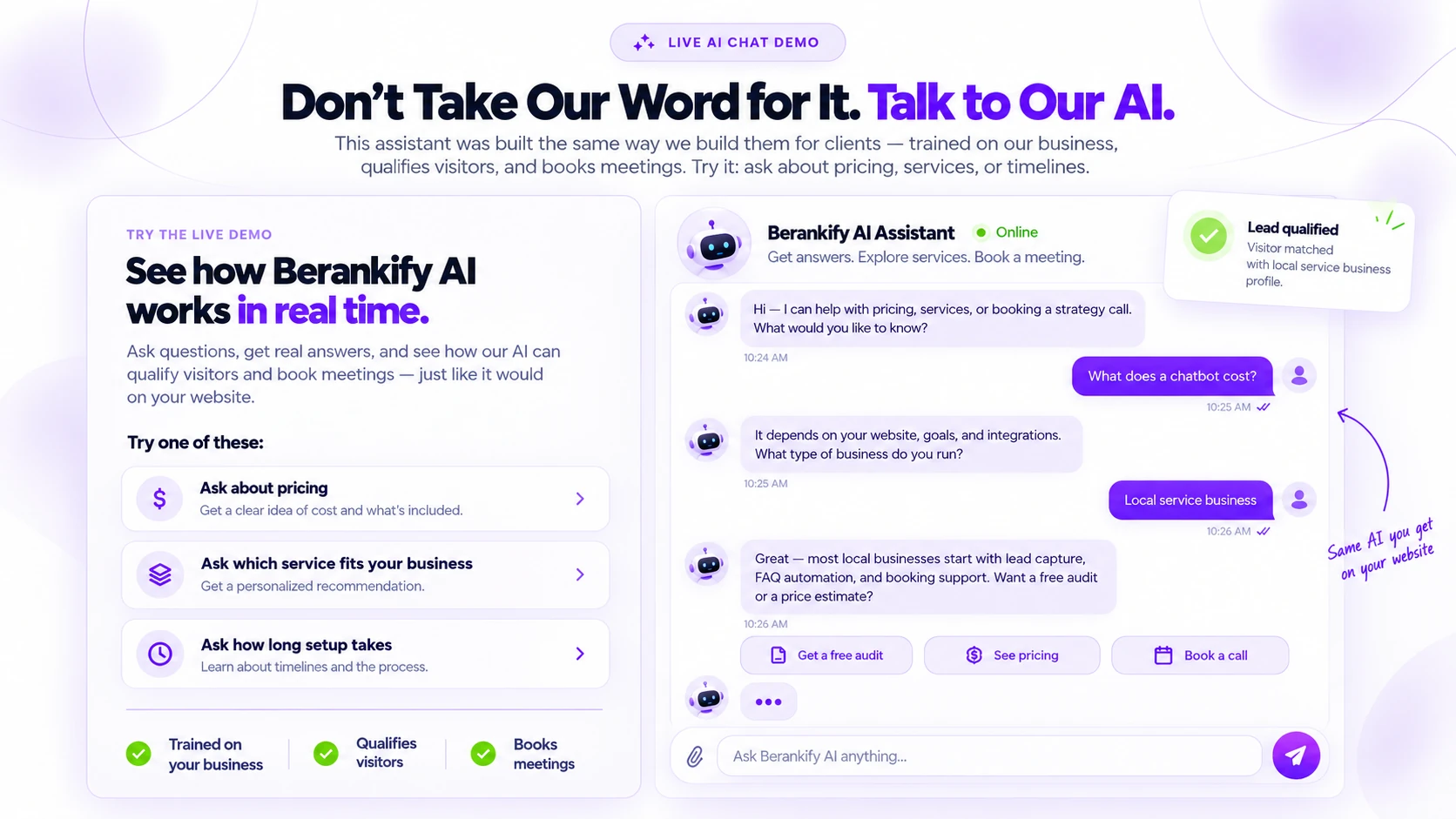 Illustrative Berankify AI assistant conversation: a visitor asks about chatbot cost and describes a local service business; the assistant explains that pricing depends on goals and integrations, then suggests an audit or estimate.