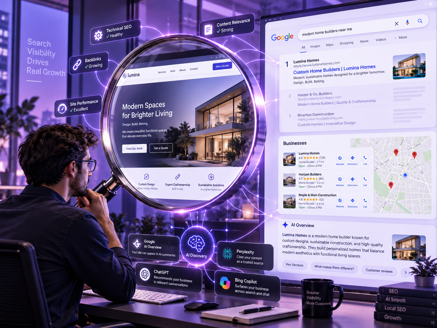 Male strategist reviewing search visibility and local discovery for a business website